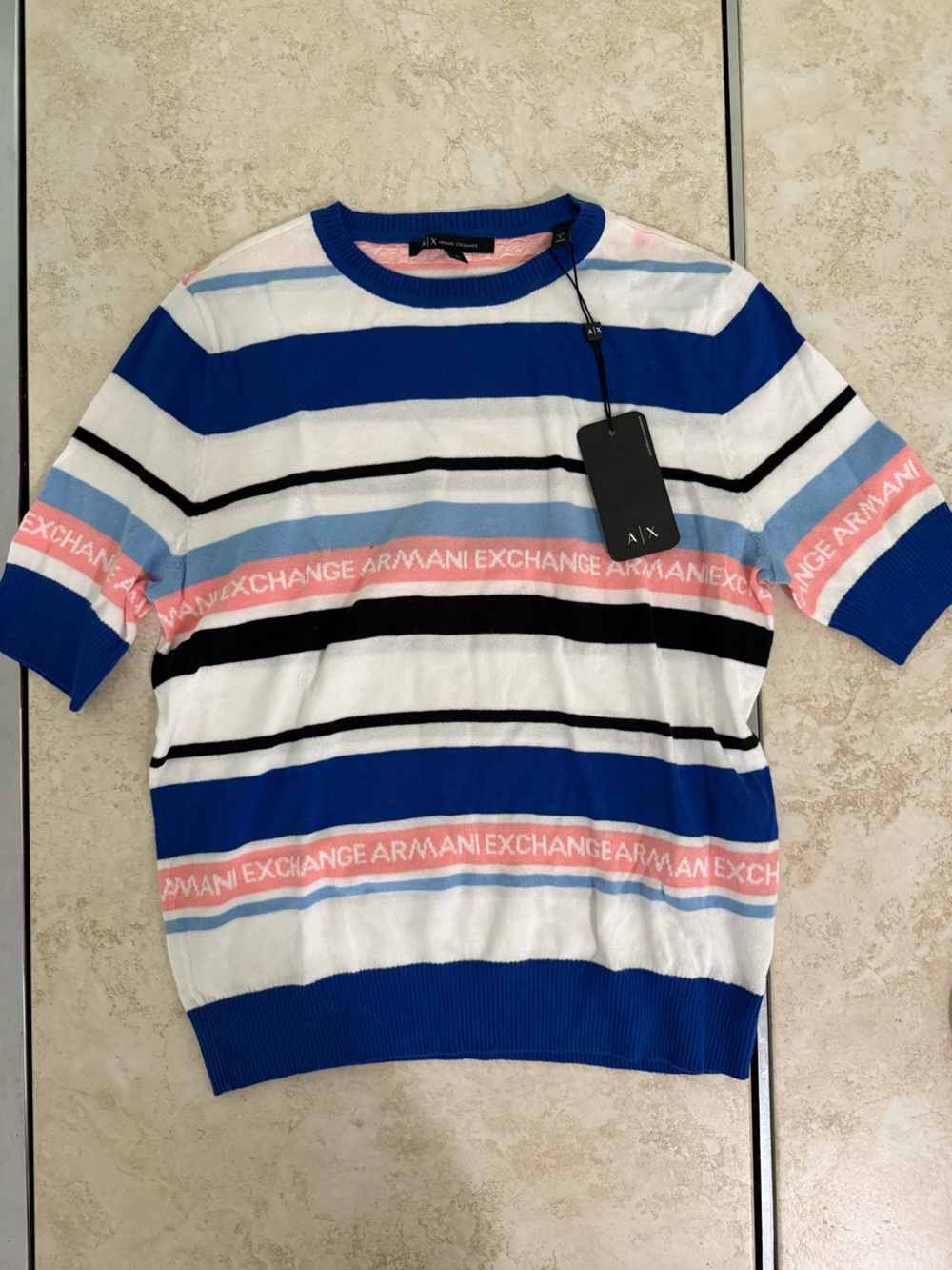 Armani Exchange Blue, White & Pink Striped Short Sleeve Knit Top